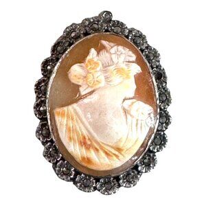 Vintage Hand-Carved Shell Cameo Pendant Floral Edging Brooch Marcasite Frame